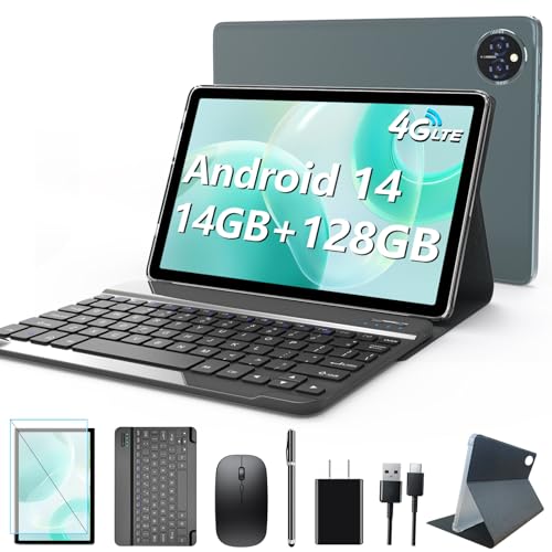 Android 14 Tablet 10 Inch, 4G Cellular Tablet, Octa-Core, 128GB Storage + 14(8+6)GB RAM/ 1TB Expandable, 5G WiFi, 8000mAh Battery, Bluetooth 5.0, 13MP+8MP Camera, Tablet with Keyboard/Case Kit, Gray