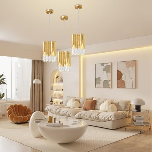 Biewalk Modern Crystal Gold Pendant Light Fixtures for Kitchen Island Luxury Gold Chandelier Perfect for Dining Room, Bedroom, Kitchen, Living Room