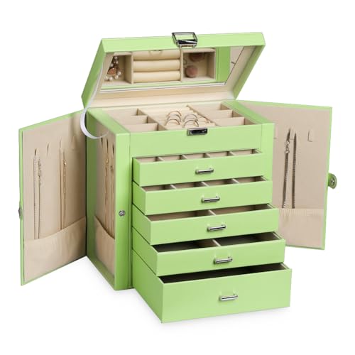 Frebeauty Large Jewelry Box,6-Tier PU Leather Jewelry Organizer,Multi-functional Storage Case with Mirror,Accessories Holder with 5 Drawers for Necklace Bracelets Watches(Avocado Green)