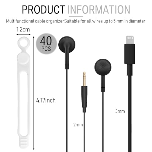 Nuanchu 40 Pcs Silicone Cable Ties Reusable Holder Adjustable Straps Multipurpose Charging Cable Organizer for Fastening Charging Cords Wires(4.17 Inch,White, Gray)