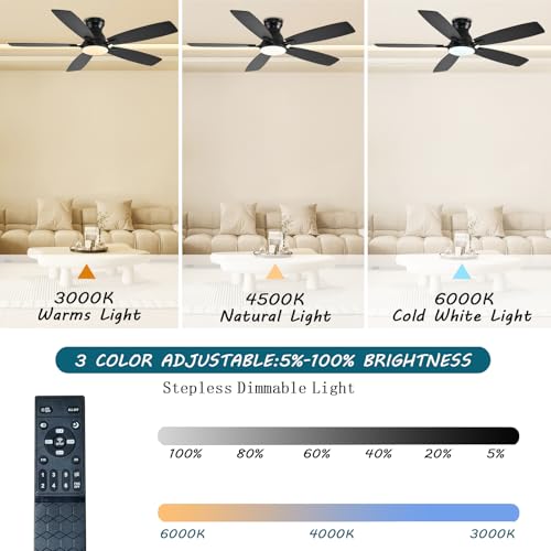 JSAITEE Ceiling Fans with Lights, 52 Inch Low Profile Ceiling Fan with Light and Remote Control, Flush Mount, DC Reversible Motor, Noiseless, Black 6 Speeds Ceiling Fan for Bedroom