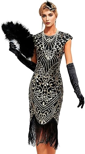 Womens Flapper Dress w/Cap Sleeves Art Deco Sequin Beaded Fringe 1920s Great Gatsby Party Dress w/Accessories Set Black Gold