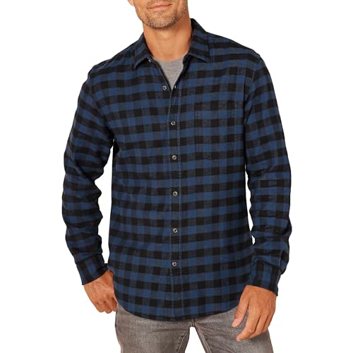 Amazon Essentials Men's Slim-Fit Long-Sleeve Button Down Plaid Flannel Shirt, Navy Red Plaid, Small