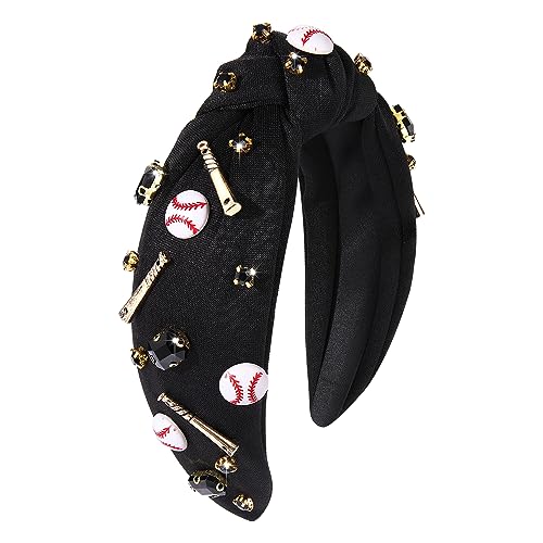 Baseball Knotted Headband for Women Sparkle Crystal Baseball Charm Headband Game Day Top Knot Hairband Baseball Mom Accessories Gift for Sports Fans