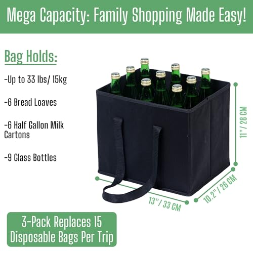 VENO 3 Pack Reusable Grocery Bags, Shopping Bags for groceries, Utility Tote with Handles and Hard Bottom, Foldable Shopping Cart Organizer, Multi-Purpose, Heavy-Duty (Black, 6 Gallon-3 Pack)