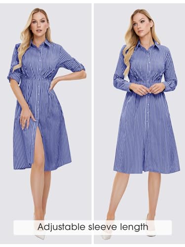 EXLURA Women's Long Sleeve Striped Button Down Shirt Dress with Pockets 2024 Fall Midi Dresses Business Casual Outfit