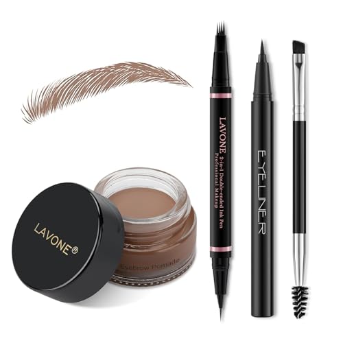 Eyebrow Pencil Makeup Kit, with Waterproof 2-IN-1 Microblading Eyebrow Pen, Eyebrow Pomade, Eyeliner and Dual-ended Eyebrow Brush, Brow Pencil Kit for Natural Eyebrows - Medium Brown