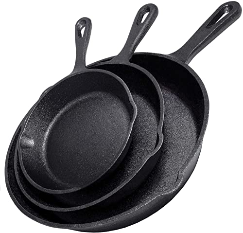 Simple Chef Cast Iron Skillet 3-Piece Set - Heavy-Duty Professional Restaurant Chef Quality Pre-Seasoned Pan Cookware Set - 10", 8", 6" Pans - For Frying, Saute, Cooking, Pizza & More,Black