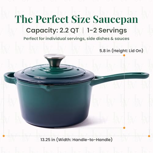 Larder & Vine Enameled Cast Iron Saucepan | 2.2 qt Sauce Pan with Lid | Saucepan with Pour Spouts | Enameled Cast Iron Pot Compatible on All Cooktops & Oven Safe to 500° F | Bondi