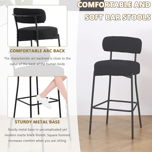 DYHOME Bar Stools Set of 2, 27 Inches Black Boucle Counter Height Bar Stools with Back, Modern Metal Barstools for Kitchen Island