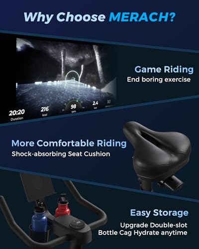 MERACH Exercise Bike, Brake Pad Stationary Bike with Exclusive App, Low Noise Indoor Cycling Bike with 270lbs Weight Capacity, Tablet Mount and Fitness Courses for Weight Loss