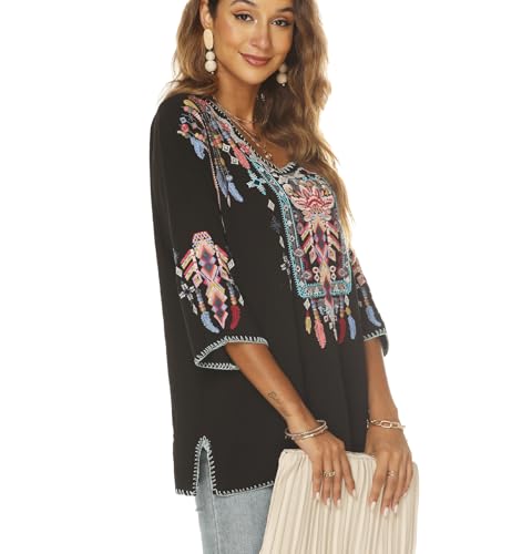 Higustar Mexican Embroidered Tops for Women Traditional Boho Tunics Bohemian Shirts Plus Size Peasant Clothes Blouses Black