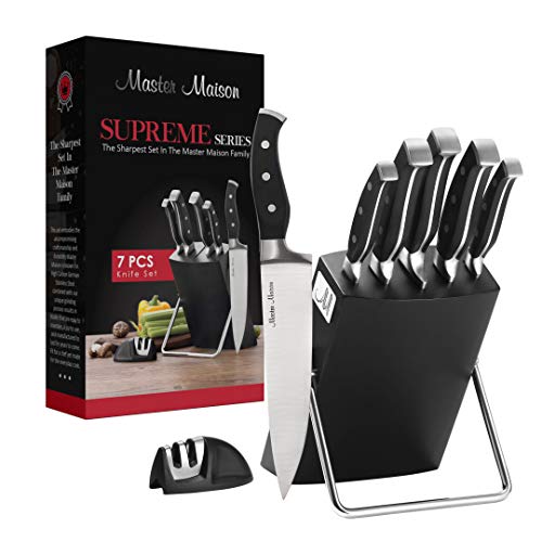 7-Piece Premium Black Kitchen Knife Set with Knife Block & Dual Knife Sharpener | Master Maison German Stainless Steel Knives | Professional Butcher Block Knife Set For Kitchen | Chef Knife Sets