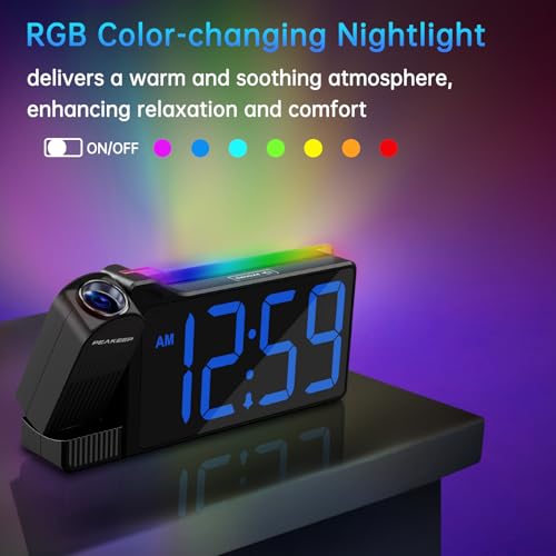 Peakeep Digital Clock, Nightlight Projection Alarm Clock for Bedroom Ceiling, LED Plug in Electric Bedside Clock USB Charger, Battery Backup, Large Numbers Loud Alarm Clock for Heavy Sleepers (Blue)