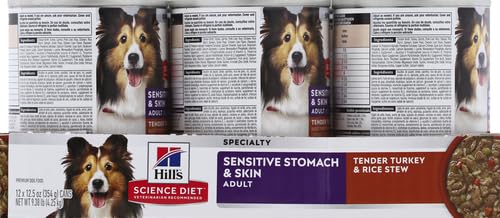 Hill's Science Diet Wet Dog Food, Adult, Sensitive Stomach & Skin, Tender Turkey & Rice Stew, 12.5 Oz Cans (Pack of 12)