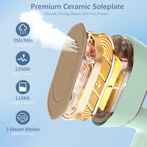 Portable Travel Steamer Iron for Clothes with LCD Display - 4 Mode Handheld Mini Clothing Steam Iron, 1200W Small Garment Steamer, Hand Held Fabric Steamer for Home, Dorm, Travel (120V ONLY)(Green)