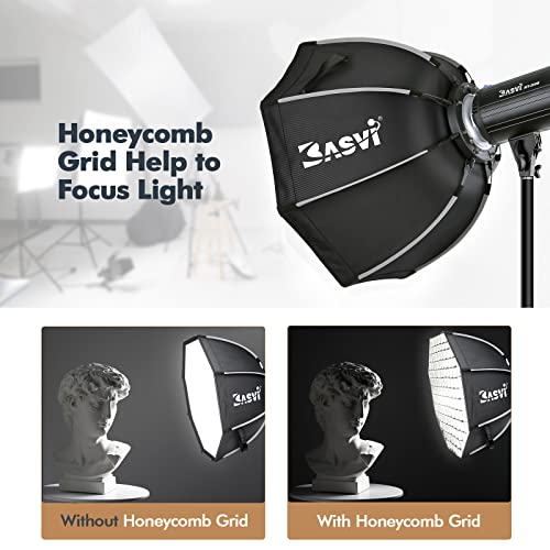 BASVI BOS65 25.6''/65cm Octagon Softbox Reflector with Honeycomb Grid and 2 Diffuser Cloth,Quick Release and Folding,Compatible with Basvi MT-200B and Other Bowens Mount Camera Speedlight