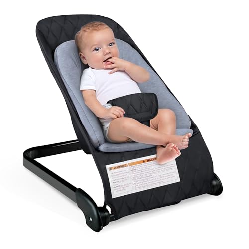 Kinder King Portable Baby Bouncer, Foldable Bouncer Seat w/Thickened Soft Cushion, 3-Point Harness, Lightweight Newborns Bouncy Seat, Black