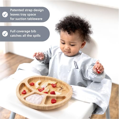 BIBaDO Long Sleeve Coverall Bib – Babies & Toddlers 6-36. Mess Proof Baby Feeding Bib Attaches To Highchairs, Pushchairs, Tables. 100% Waterproof, Machine Washable