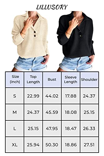 LILLUSORY Mustard Sweaters for Women 2024 Fall Pullover Knitted Button Up Sweater Foldover Collar Tops StripedApricot M