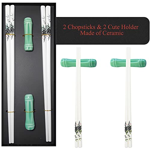 Porcelain Chopsticks and Porcelain Holder,2 Pairs Reusable Chopsticks with Delicate box, Washable and Dishwasher Safe, Ceramic Chopsticks Chinese Japanese Korean Classic Stylish(Green Bamboo)