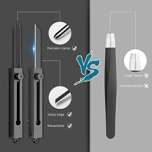 EDC Tweezers Precision Pocket Knife 2 in1 Keychain Multitool Knives Retractable Premium Anti-Static for Splinters, Craft, Jewelry, Soldering, Outdoor, Laboratory Work (Silver)