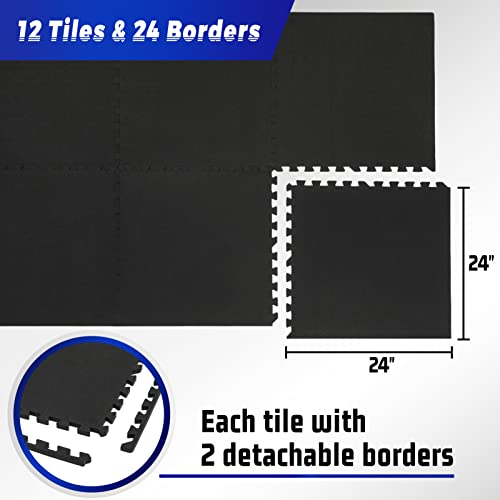 SUPERJARE 0.56'' Thick 12 Pcs 48 Sq Ft Rubber Top Exercise Equipment Mats, High Density EVA Foam Mats with Rubber Top, Interlocking Gym Flooring for Home Gym, Protective Workout Mat, Black