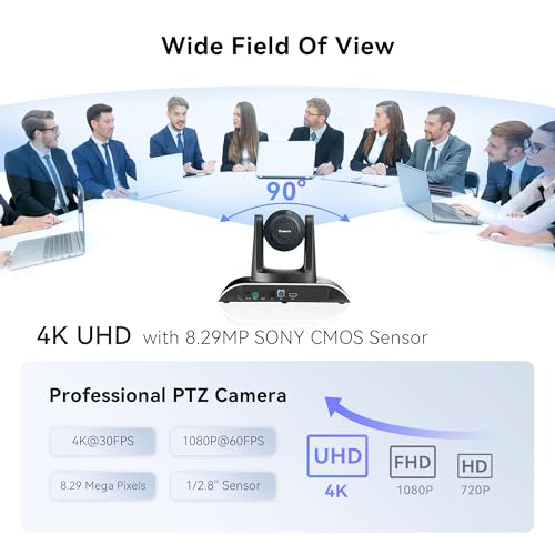 Tenveo UHD 4K PTZ Conference Room Camera 12X Optical Zoom USB3.0/HDMI Wide View Angle, 4K PTZ Camera for Video Conference Church Services Worship Events,Skype/Zoom/OBS/YouTube Live Streaming