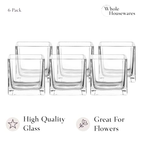 Whole Housewares Square Glass Flower Vase Centerpiece Set - 6 Pack Botanical Arrangements and Candle Holder Decoration - Thick Glass and A Stable Weighted Bottom - Clear Cube, 3.9"L x 3.9"W x 3.9"H