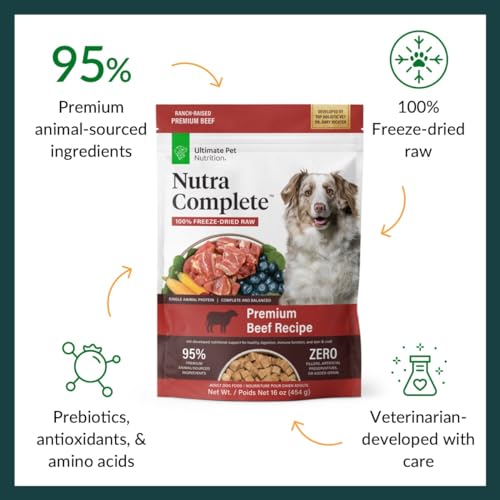 ULTIMATE PET NUTRITION Nutra Complete Freeze Dried Raw Dog Food, Veterinarian Formulated with Antioxidants, Prebiotics & Amino Acids (5 Ounce, Beef)