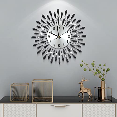 JUGV 19.7 INCH Black Wall Clock for Living Room Decor,Non-Ticking Quiet Metal Petals Dial Glass Big Wall Clocks Black for Bedrooms Kitchen and Small Space Decoration