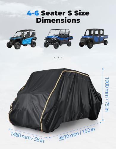 KEMIMOTO UTV Cover 4 Seater 420D Waterproof S Size Compatible with Polaris Ranger Crew 570 / Mule PRO-FXT PRO-DXT/John Deere Gator/Wolverine, 4-6 Seater Heavy Duty with Reflective Strips Cover