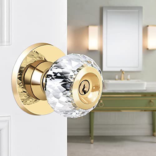 LOQRON Crystal Door Knobs with Lock and Keys with Privacy Lock, Luxurious Diamond Classic Interior Glass Door Knobs for Bedroom Bathroom Gold,1 Pack