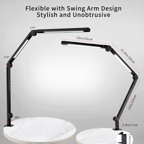 vimeepro LED Desk Lamp with Clamp Flexible 3 Sections Swing Arm 2 Light Sources Desk Light, 4 Color Modes & 5 Brightness, Eye Caring Led Table Light with Memory Function for Table Lamps for Office