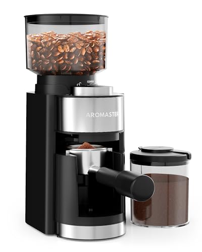 Aromaster Burr Coffee Grinder, Coffee Bean Grinder with 25 Grind Setting, Espresso Grinder with 51-53mm Portafilter Holder, 2-12 Cups Timer, Conical Coffee Grinders for Home Use/Pour Over/French Press