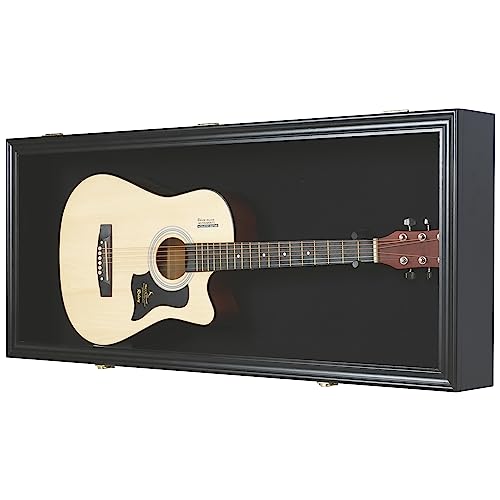 DisplayGifts 42" Electric Guitar Display Case Cabinet Shadow Box with Guitar Hanger Stand, Lockable UV Protection Black Felt Interior with Black Frame