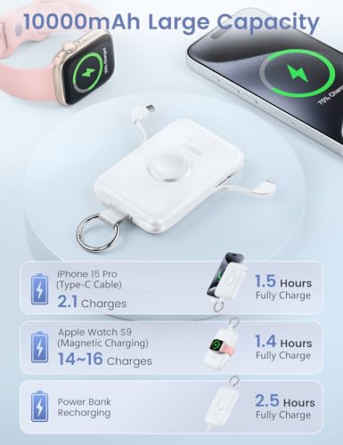 RORRY Portable Charger, 10000mAh PD 20W Fast Charging Portable Charger Power Bank with Built in Cables, Travel Battery Pack for iPhone 15/14/13/12/11 and Apple Watch Ultra/9/8/7/6/5/4/3/2, Black