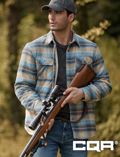 CQR Men's Plaid Flannel Shirt Jacket, Long Sleeve Soft Warm Wool/Sherpa Lined Jacket, Outdoor Button Up/Zip-Front Jacket, Stealth Amazon Grey, Small
