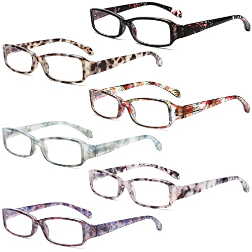 Ladies Reading Glasses 6 Pairs Blue Light Blocking Readers Spring Hinge with Pattern Print Eyeglasses for Women (Multi-Color-A, 4.0, x)