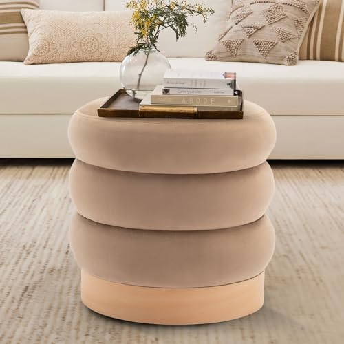 COLAMY Velvet Ottoman Footstool, Tufted Modern Foot Rest Stool with Wood Base for Living Room, Bedroom, Desk, Round Versatile Side End Table, Pouf, Makeup Seat, Camel