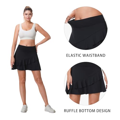 ANIVIVO Women Skorts Skirts 18" Tennis Golf Pickleball Ruffle Skorts Athletic Workout Skirt with Pockets(Black,S)