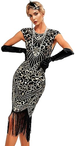 Womens Flapper Dress w/Cap Sleeves Art Deco Sequin Beaded Fringe 1920s Great Gatsby Party Dress w/Accessories Set Black Gold