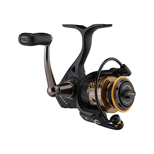 PENN Battle III Spinning Inshore Fishing Reel, HT-100 Front Drag, max of 9lb | 4.0kg, Made with Sturdy All-Aluminum Composition for Durability, Black Gold, 1000