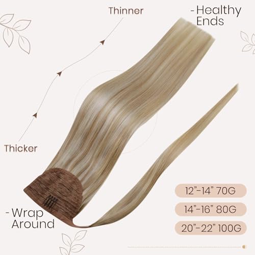 Hetto Blonde Highlighted Wrap Around Ponytail Human Hair 18 Inch 80g Long Ponytail Extension Human Hair Brown Highlight Blonde Magic Paste Ponytail Hair Extensions