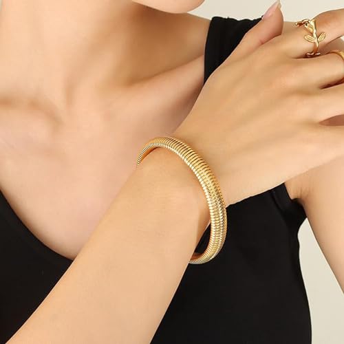 Women Gold Jewelry Stainless Steel 18K Gold Plated Bold Wristband Gold/Silver Bangles and Necklace Stretch Link Chain Bracelet for Women, Flexible Wide Gold Wristband Bangle Bracelets, 12mm, 16mm, 20mm (Bangle 12mm Silver)