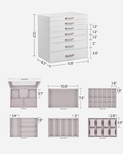 SONGMICS Jewelry Box, 6-Tier Jewelry Organizer, Large Jewelry Case with Big Mirror, 5 Drawers, Large Capacity, Jewelry Storage, Modern Style, Gift for Loved Ones, White UJBC138