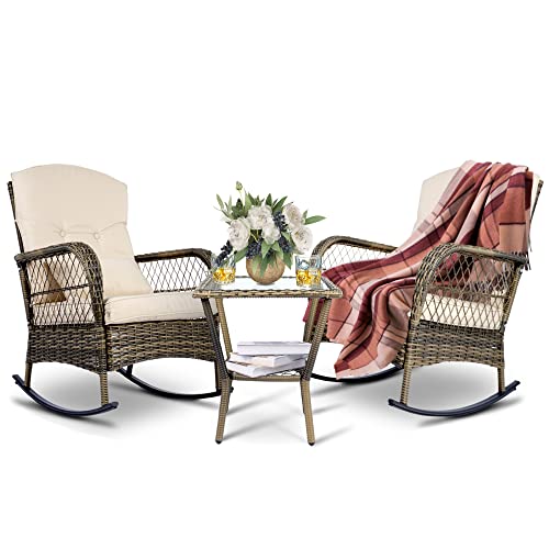 SENSWEET Wicker Rocking Chairs Set of 2, Rattan Patio Rocking Chairs, All-Weather Rocker Lawn Wicker Furniture for Porch Deck Garden Backyard(Beige)