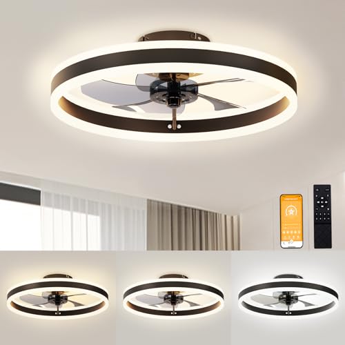 VOLISUN Fandelier Ceiling Fans with Lights and Remote, 15.7in Low Profile Ceiling Fan Flush Mount, 3000K-6500K Dimmable Bladeless LED Fan Light, Black Modern Ceiling Fans with Lights for Bedroom