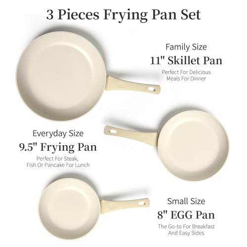 Innerwell Ceramic Frying Pan Set, Set of 3 Non Stick Frying Pans, White Ceramic Induction Cookware, Nonstick Skillet Omelette Egg Frying Pan Set, kitchen Cooking Pan Set, PFOA&PFAS Free