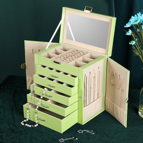 Frebeauty Large Jewelry Box,6-Tier PU Leather Jewelry Organizer,Multi-functional Storage Case with Mirror,Accessories Holder with 5 Drawers for Necklace Bracelets Watches(Avocado Green)